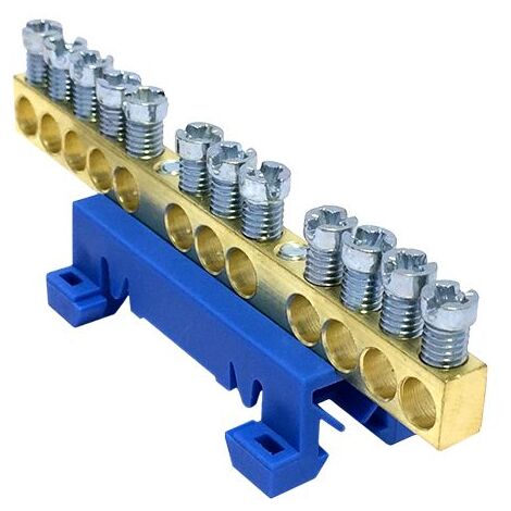 Bornier de neutre IP00 bleu 9 bornes pour câble de 1,5 à 16mm² - rail DIN - MOREK