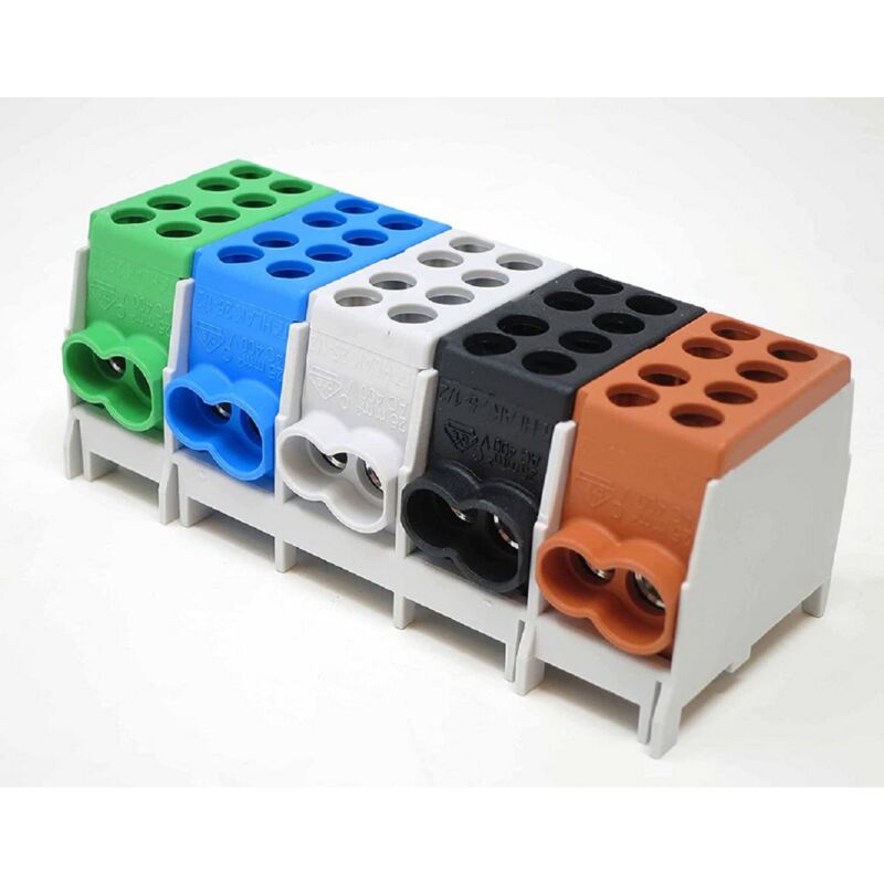 Bornier Répartiteur tétrapolaire + Terre - 160A - Cu ou Alu- 5x4 trous ( 2x25 et 2x35 mm² ) montage rail din