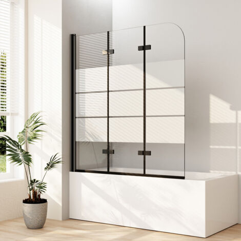 Boromal 120x140cm Duschwand für Badewanne 3-teilig Milchglas Streifen Faltbar Duschwand Schwarz Duschtrennwand Faltwand Badewannenaufsatz Duschabtrennung Badewanne 6mm ESG Glas
