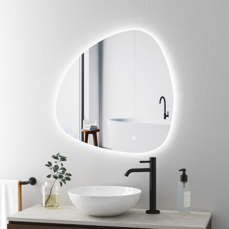 Boromal Asymmetrischer Spiegel mit Beleuchtung 80x80cm LED Badspiegel mit Beleuchtung Asymmetrischer Spiegel mit Licht LED Spiegel Badezimmerspiegel mit Touch-Schalter, Dimmbar 3 Lichtfarbe Einstellba