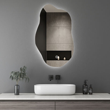 Boromal Asymmetrischer Spiegel mit LED Beleuchtung, Asymmetrischer Spiegel Badspiegel mit Beleuchtung 62x90cm Badezimmerspiegel mit Touch-Schalter, Dimmbar, 3 Lichtfarbe Einstellbare