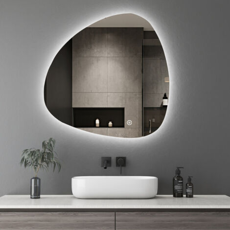 Boromal Asymmetrischer Spiegel mit LED Beleuchtung, Asymmetrischer Spiegel Badspiegel mit Beleuchtung 80x80cm Badezimmerspiegel mit Touch-Schalter, Dimmbar, 3 Lichtfarbe Einstellbare