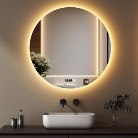 BOROMAL Badspiegel Rund mit Beleuchtung 80cm Runder LED Spiegel mit Beleuchtung und Uhr Runder Badezimmerspiegel mit Beleuchtung Wandspiegel Rund mit 3 Lichtfarbe Dimmbar Touchschalter + Uhr