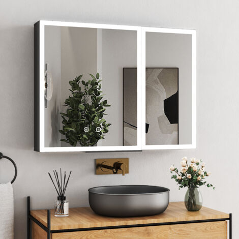 Boromal Doppeltür Spiegelschrank Bad mit Beleuchtung 80x60cm LED Spiegelschrank Schwarz Spiegelschränke Hängeschrank Badezimmerschrank Badschrank Spiegel Kabinett mit Touch-Schalter, Dimmbar, Beschlag