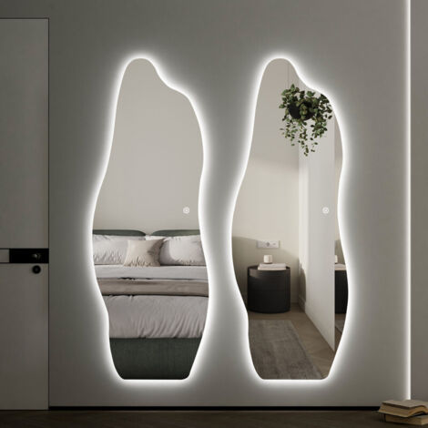 Boromal Ganzkörperspiegel mit Beleuchtung 60x165cm, Asymmetrischer Ganzkörperspiegel mit 3 Lichtfarbe Dimmbar, Standspiegel mit Touch-Schalter für Schlafzimmer, Wohnzimmer und Eingangsbereich