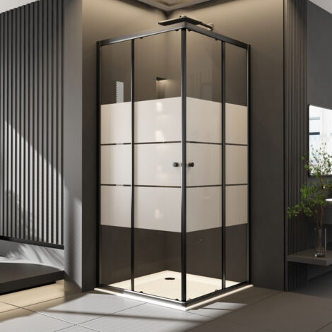 Boromal Gestreift Duschkabine 90x90cm Eckeinstieg mit Schiebetüren, Höhe 185cm, 6mm ESG Glas Duschabtrennung Doppel Schiebetür, Über Einer Duschwanne Oder Fliesen Montiert, Schwarz