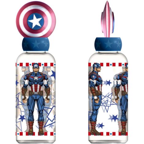 Borraccia Marvel Captain America per bambini in plastica da 560 ml con coperchio decorato e personaggi 3D.
