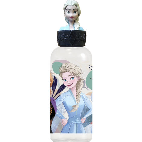Borraccia Originale Disney Frozen 3D in plastica per bambini con coperchio decorato e personaggi dei cartoni animati.