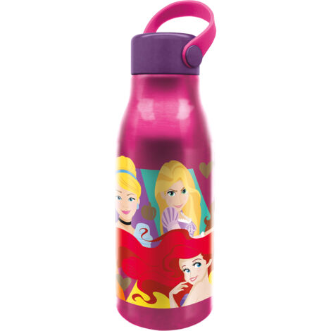 Borraccia Originale Disney Princess in alluminio da 760 ml per bambini con cappuccio con manico in silicone e coperchio con gancio.