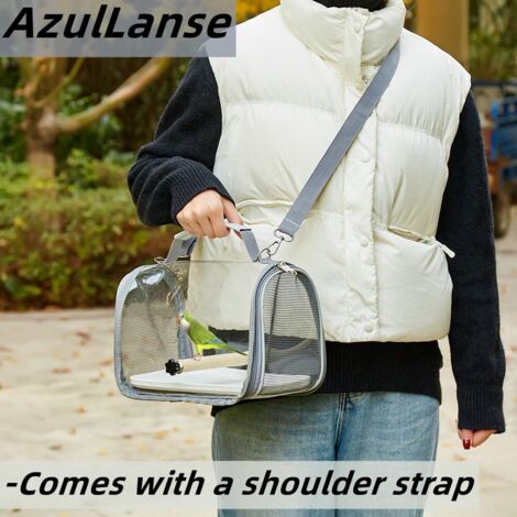 Borsa per il trasporto degli uccelli, borsa da viaggio, completamente trasparente, 19,5  26  19 cm, trasportino portatile per uccelli con vassoio in plastica, palo in legno, 1 pietra molare