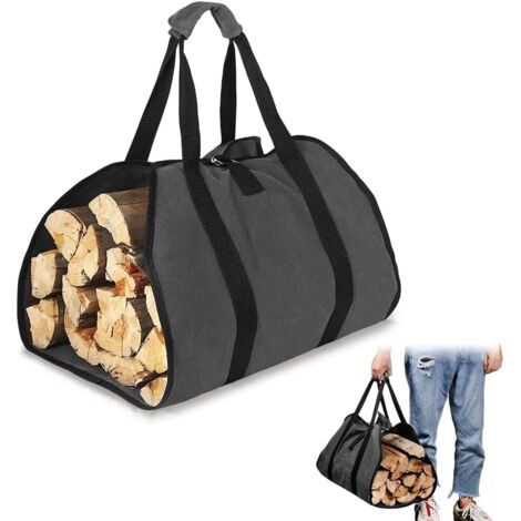 Borsa per legna da ardere in tela, grande borsa per il trasporto di legna da ardere con manici robusti e antiscivolo. Borsa porta legna per stufe a legna e campeggio (nera).