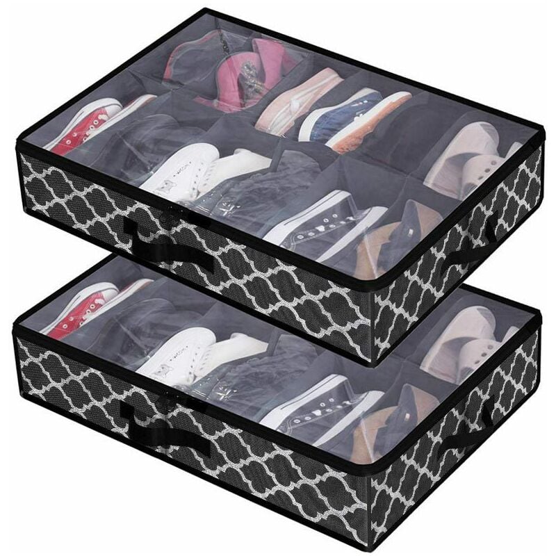 Image of Borsa porta scarpe da 2 pezzi con finestra trasparente - Organizzatore di scarpe per riporre 12 scomparti Scatola portaoggetti sotto il letto, stampa