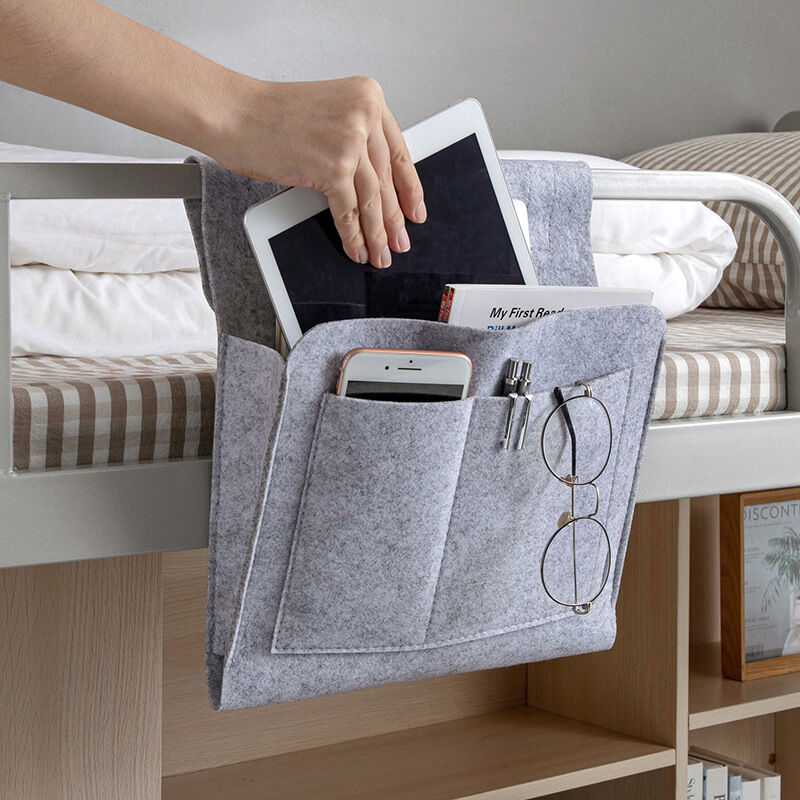 Image of Linjou - Borsa portaoggetti da letto a tasca vuota Organizzatore da comodino in feltro Braccioli del divano da letto Coperchio da letto appeso