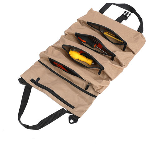 Borsa portautensili con ruote, borsa portautensili in tela per chiavi, borsa multiuso con ruote con 5 tasche con cerniera, ideale per idraulici ed elettricisti - Cachi