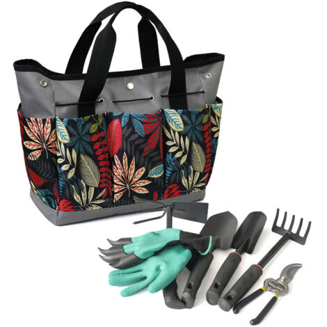Borsa portautensili di grande capacità  Borsa portautensili da giardinaggio  Borsa portaoggetti per fiori e piante - Fiore grigio + set di 6 attrezzi