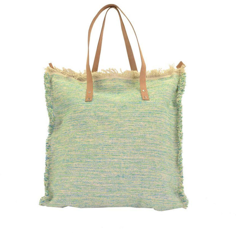 Borsa tessuto verde azzurro con manici noce