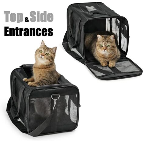 Borsa trasportino per gatti/cani di piccola taglia, gattini o cuccioli, morbida e pieghevole con tappetino in lana per viaggi in aereo, auto e treno, nera.
