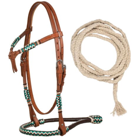 Bosal set western in cuoio decorato con pezzi di cuoio intrecciati e mecate in cotone