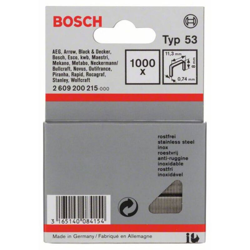 Image of Bosch - Accessories 2609200215 Graffette punto sottile tipo 53 1000 pz. Dimensioni (l x l) 8 mm x 11.4 mm