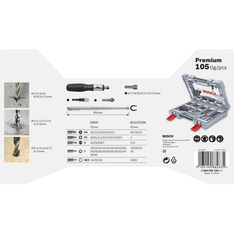 Bosch - 2608P00236 - Ensemble d'outils assortis, Boite 105 pièces, Argent