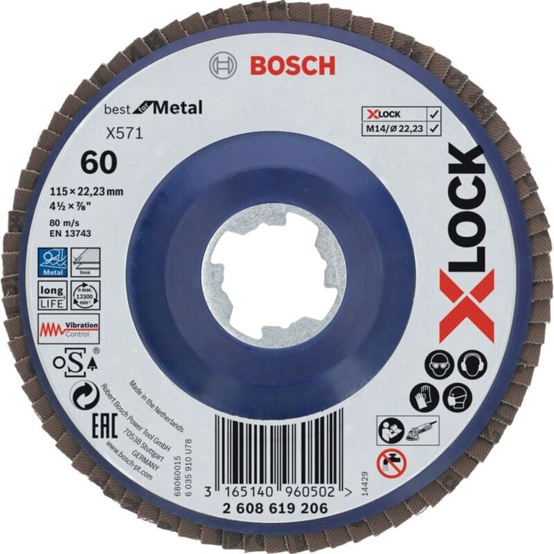 Bosch 115MM P60 X-Lock Flap Disc X571 Best for Metal Flat (Type 27) On Plastic C