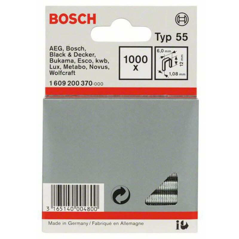 Image of Accessories 1609200370 Graffette a dorso stretto tipo 55 1000 pz. Dimensioni (l x l) 12 mm x 6 mm - Bosch