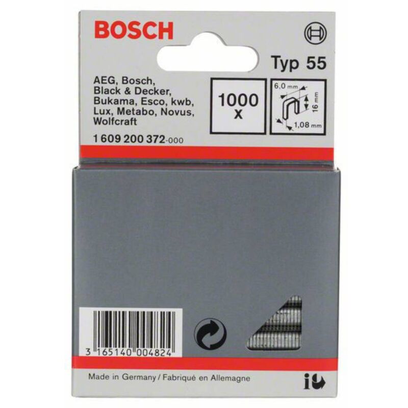 Image of Bosch - Accessories 1609200372 Graffette a dorso stretto tipo 55 1000 pz. Dimensioni (l x l) 16 mm x 6 mm