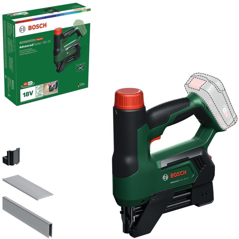 Bosch 18V System AdvancedTacker 18V-25 cucitrice/chiodatrice a batteria (cucitrice/chiodatrice 2 in 1 graffe, chiodi, guida per la distanza e ugello