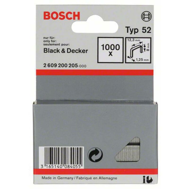 Image of Bosch - Graffe a filo piatto tipo 52 - 12,3 x 1,25 x 8 mm 1000 pz. Accessories 2609200205 Dimensioni (l x l) 8 mm x 12.3