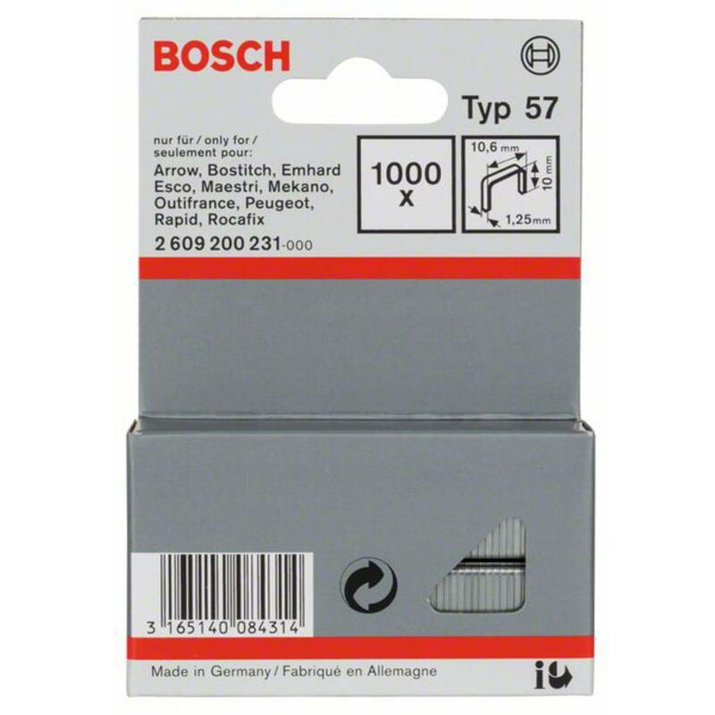 Image of Bosch - Graffe a filo piatto tipo 57 - 10,6 x 1,25 x 10 mm 1000 pz. Accessories 2609200231 Dimensioni (l x l) 10 mm x 10.