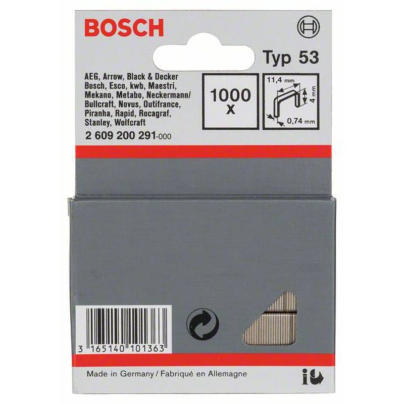 Image of Accessories 2609200291 Graffette punto sottile tipo 53 1000 pz. Dimensioni (l x l) 4 mm x 11.4 mm - Bosch