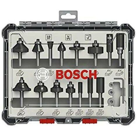 Bosch 2607017473 15 Piece Mixed Router Bit Set Straight 1/4" Shank Cutter + Case