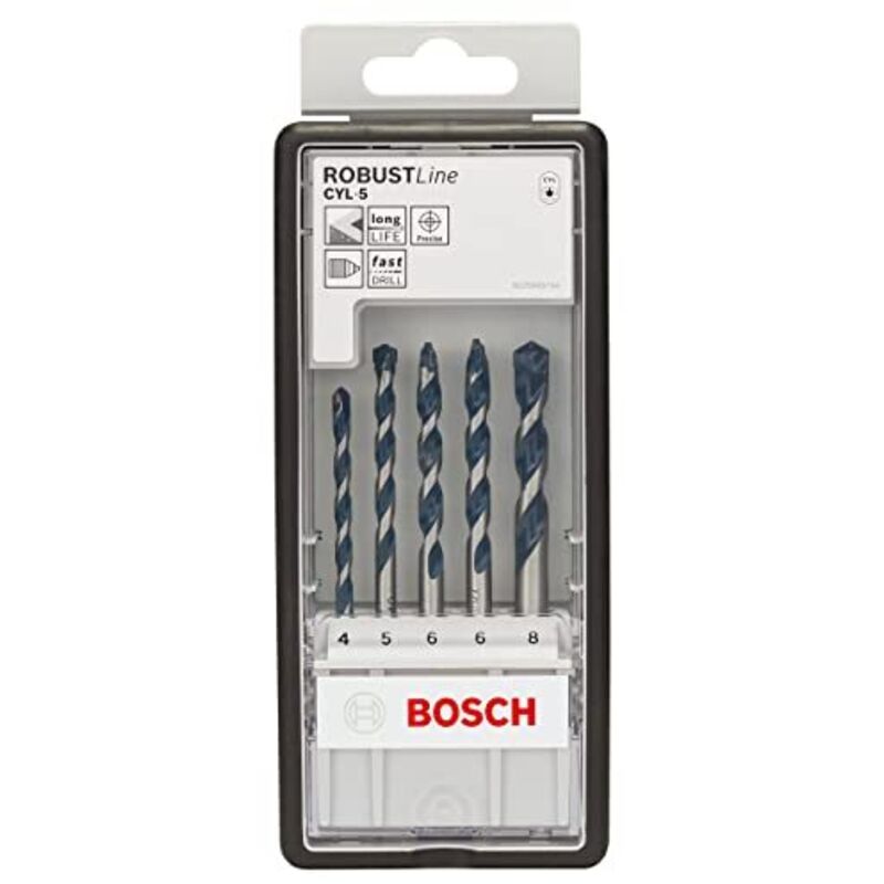 Bosch 5-Piece Masonry Set for Multi-Material, 8 mm Max, 4 mm Min, Tungsten Carbide Tipped Bits
