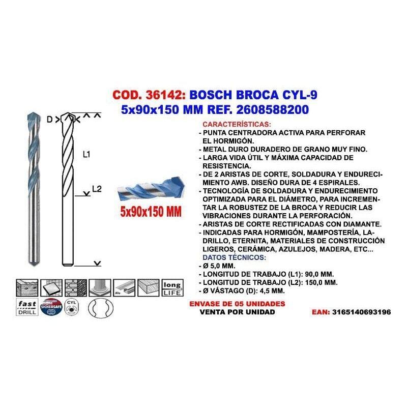 

bosch broca cyl-9 5x 90x150 mm 2 608 588 200 (2608900607) - Mibricotienda