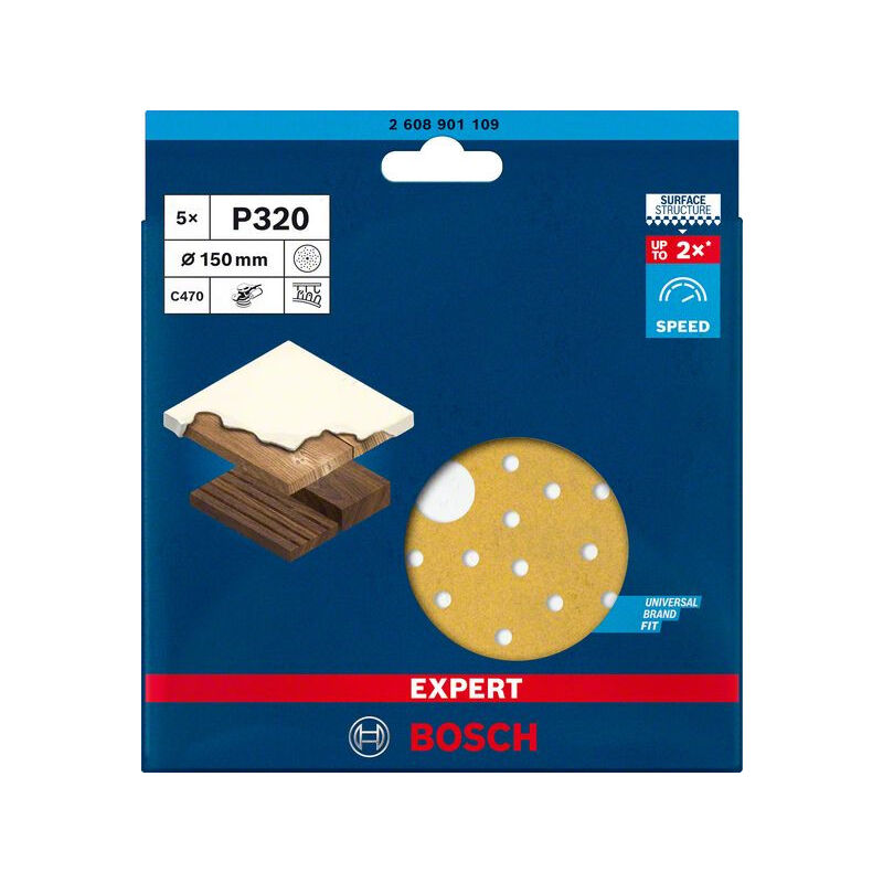 

2608901109 Papel de lija Expert C470 multiperforado para lijadoras excéntricas de 150 mm, G 320, 5uds. - Bosch