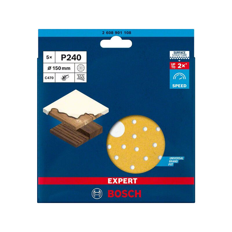 

2608901108 Papel de lija Expert C470 multiperforado para lijadoras excéntricas de 150 mm, G 240, 5uds. - Bosch