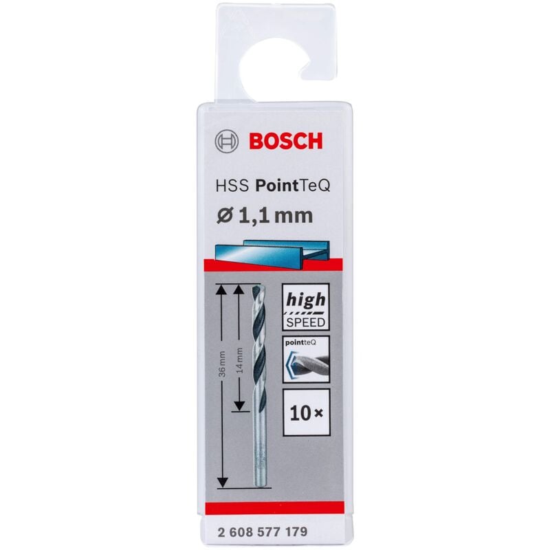 Bosch Accessories 2608577179 HSS PointTeQ (1,1 x 14 x 36 mm) - Set da 10 Pezzi di Punte Elicoidali per Trapano per Metallo, Acciaio, Fusione o