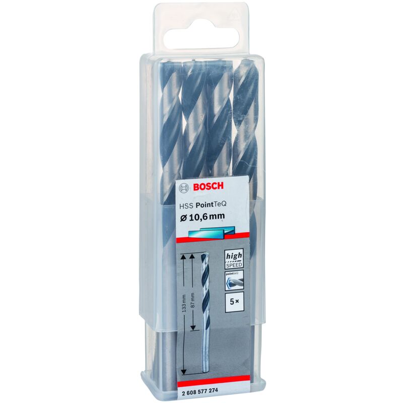 Bosch - Accessories 2608577274 hss PointTeQ (10,6 x 87 x 133 mm) - Set da 5 Pezzi di Punte Elicoidali per Trapano per Metallo, Acciaio, Fusione o