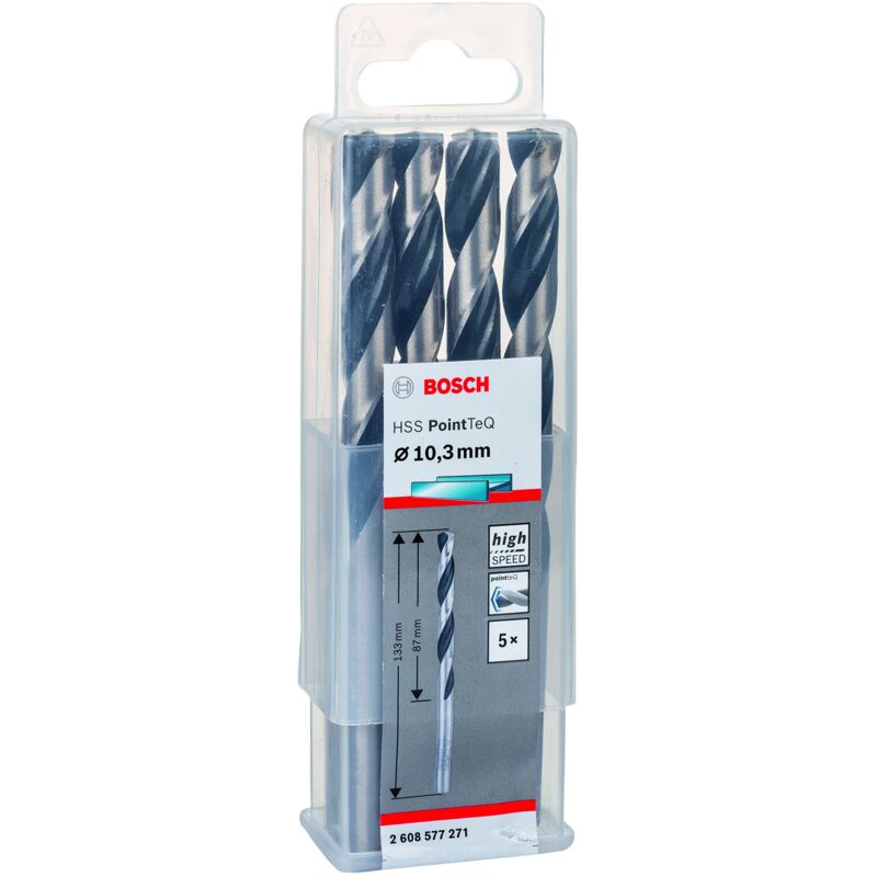 Bosch - Accessories 2608577271 hss PointTeQ (10,3 x 87 x 133 mm) - Set da 5 Pezzi di Punte Elicoidali per Trapano per Metallo, Acciaio, Fusione o