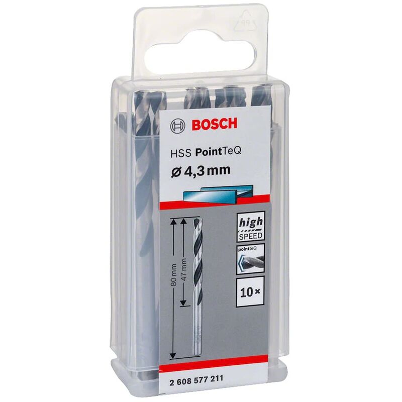 Bosch - Professional 2608577211 hss PointTeQ (4,3 x 47 x 80 mm) - Set da 10 Pezzi di Punte Elicoidali per Trapano per Metallo, Acciaio, Fusione o