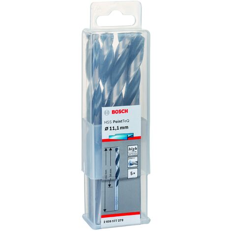Bosch Accessories 2608577279 HSS PointTeQ (11,1 x 94 x 142 mm) - Set da 5 Pezzi di Punte Elicoidali per Trapano per Metallo, Acciaio, Fusione o Plastica, Grigio (Argento), Ø 11.1 mm