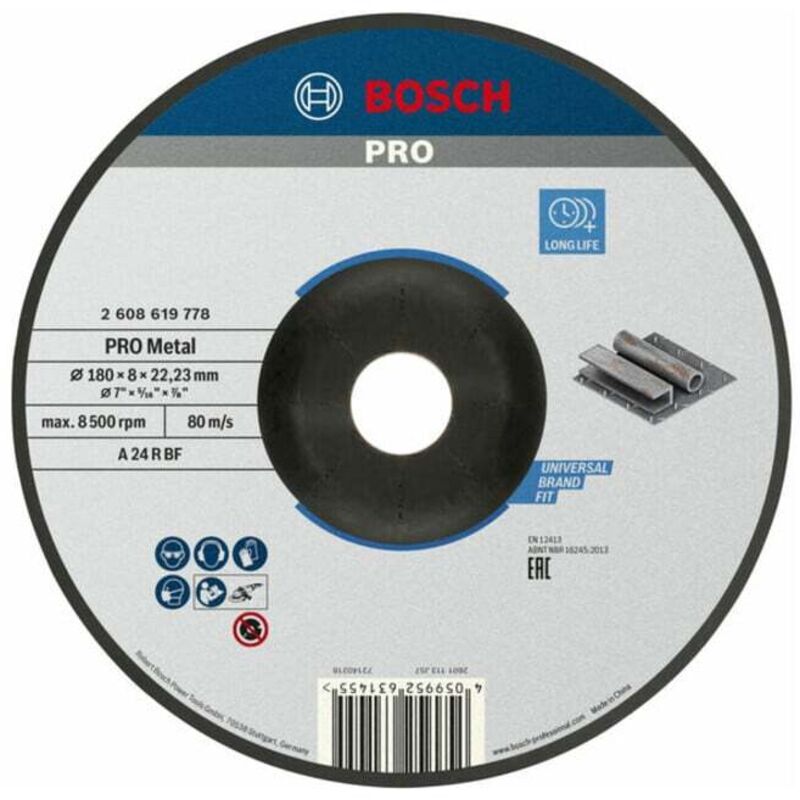 Bosch - professional 1 disque de ponçage standard pour métal (pour métal, ø 180 x 8 x 22,23 mm, boutonné, accessoires meuleuse d'a