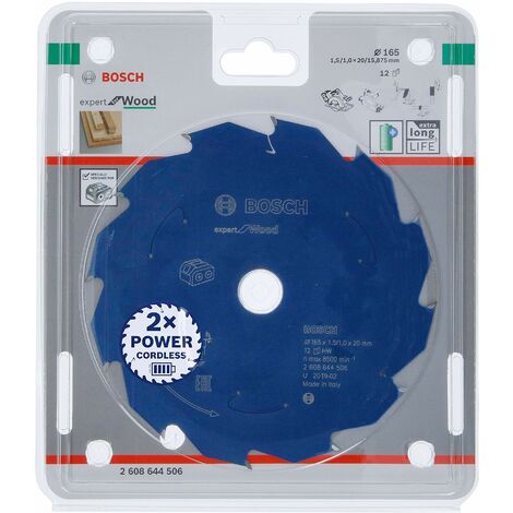 Bosch Accessories Lama Per Sega Circolare Expert For Wood (Legno, 165 x 20 x 1.5 mm, 12 Denti, Accessorio Per Sega Circolare A Batteria), 165 mm Diametro