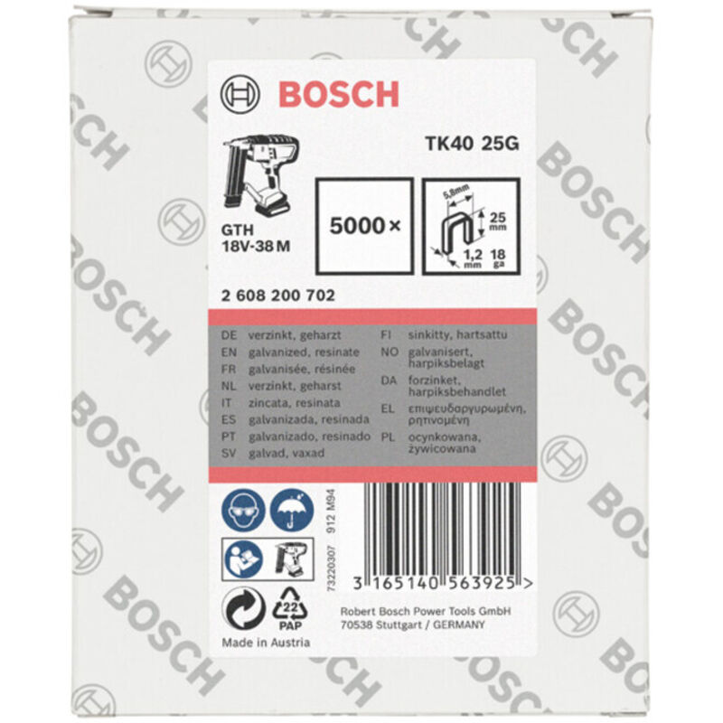 Boîte de 5000 agrafes à dos étroit galvanisées 18g Ø1.2mm Longueur 25mm BOSCH 2608200702 - vue 2