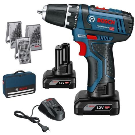 Bosch Akku-Bohrschrauber GSR 12V-15 / 2x 4,0 Ah Akku + Ladegerät inkl. Zubehör-Set 39tlg. im Softbag - 0615990HV1
