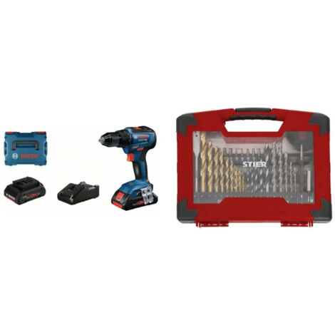Bosch Akku-Bohrschrauber GSR 18V-55, 2x 4,0Ah ProCORE18V, Ladegerät – 2-teiliges Set mit TiN-Bohrer-, Säge- & Bit-Set, 100-tlg