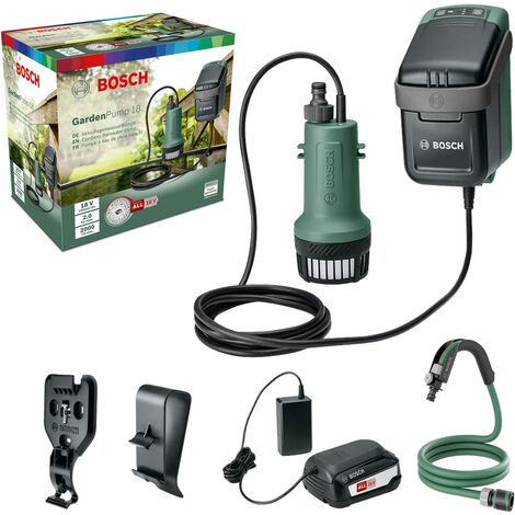 Bosch Akku Tauchpumpe GardenPump 18 (1 Akku, 18 Volt System, max. Durchfluss 2000l/h, bis zu 30min Laufzeit)