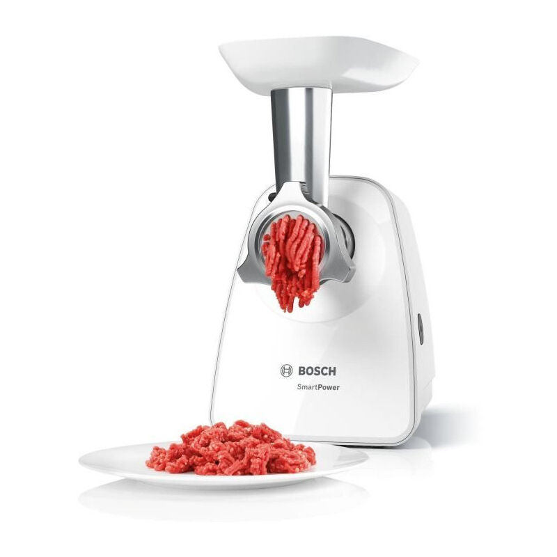Bosch - Hachoir a viande SmartPower MFW2510W - 2 grilles de hachoir - Garnisseur de saucisses - Blanc
