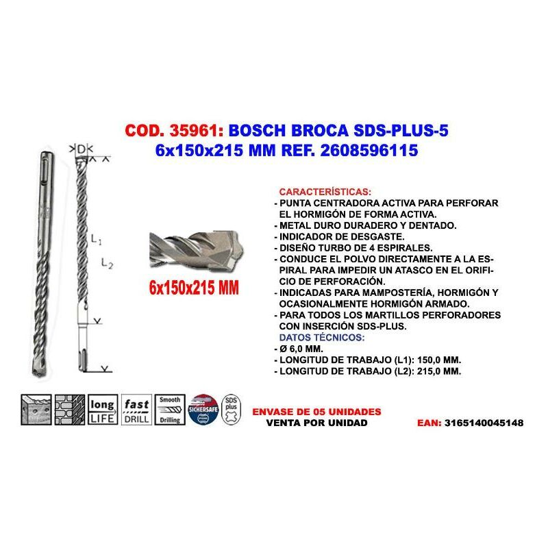 

bosch broca sds-plus-5 6x150x215 mm 2 608 596 115 - Mibricotienda