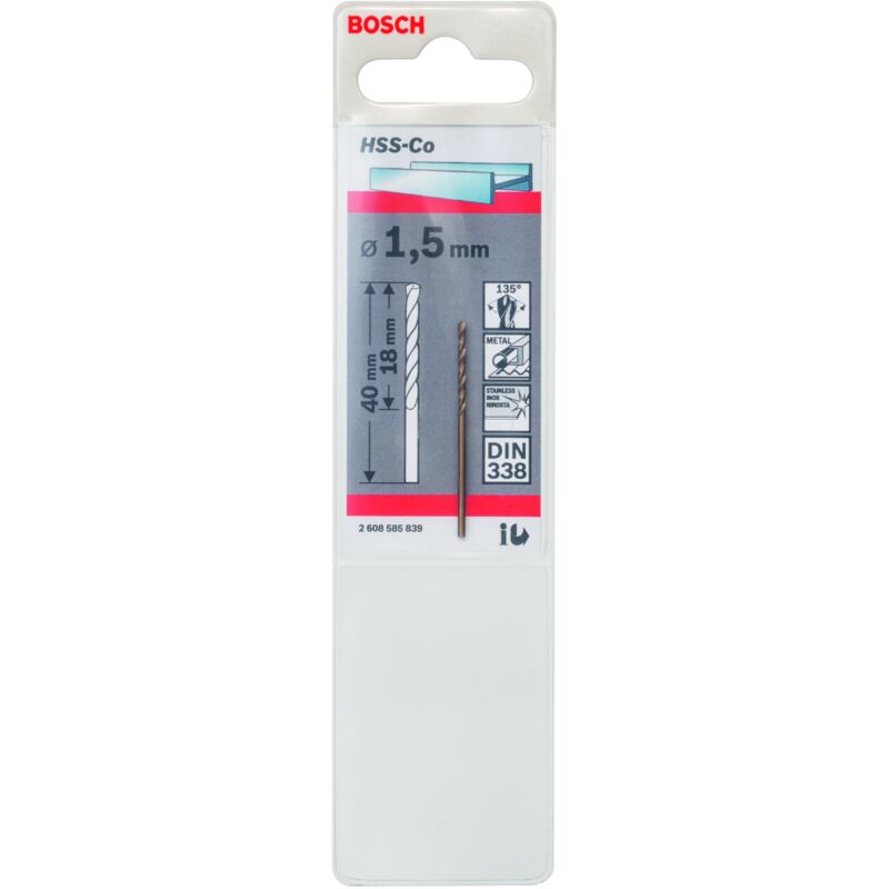 

BOSCH 2608585839 Brocas metálicas HSS-Co, DIN 338 1,5 x 18 x 40 mm